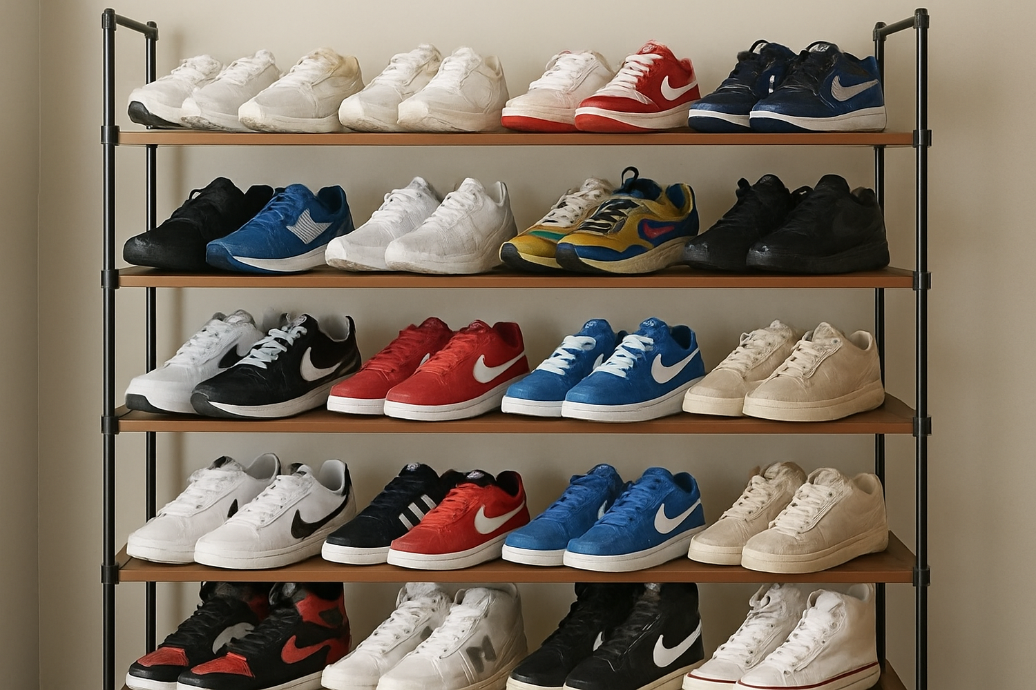 a shoe rack full of sneakers