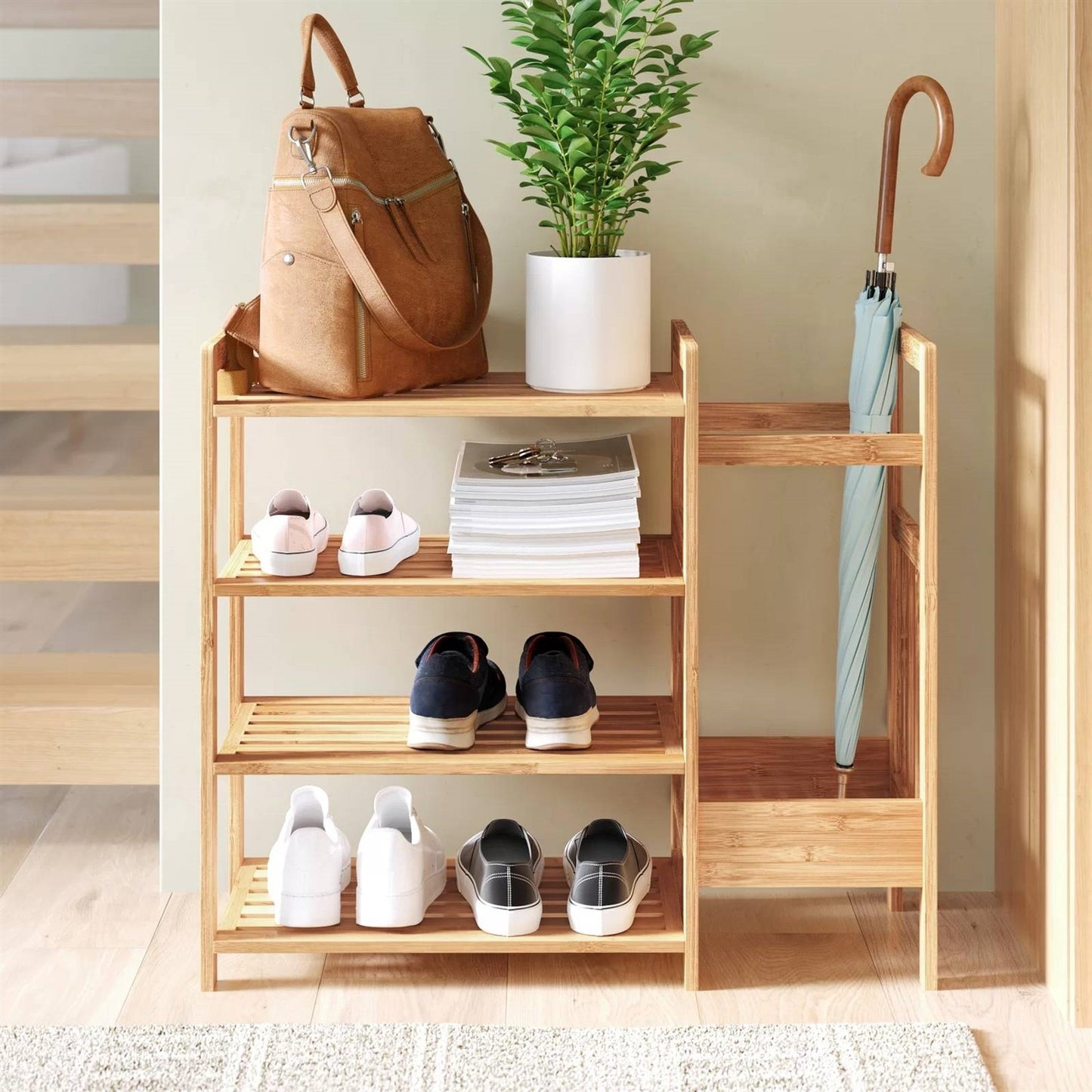4-Shelf Bamboo Shoe Rack with Umbrella Holder